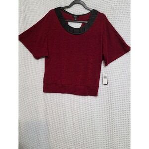 AGB Red Textured Faux Leather Neck Trim Cutout Back Dolman Sleeve Top Medium NWT